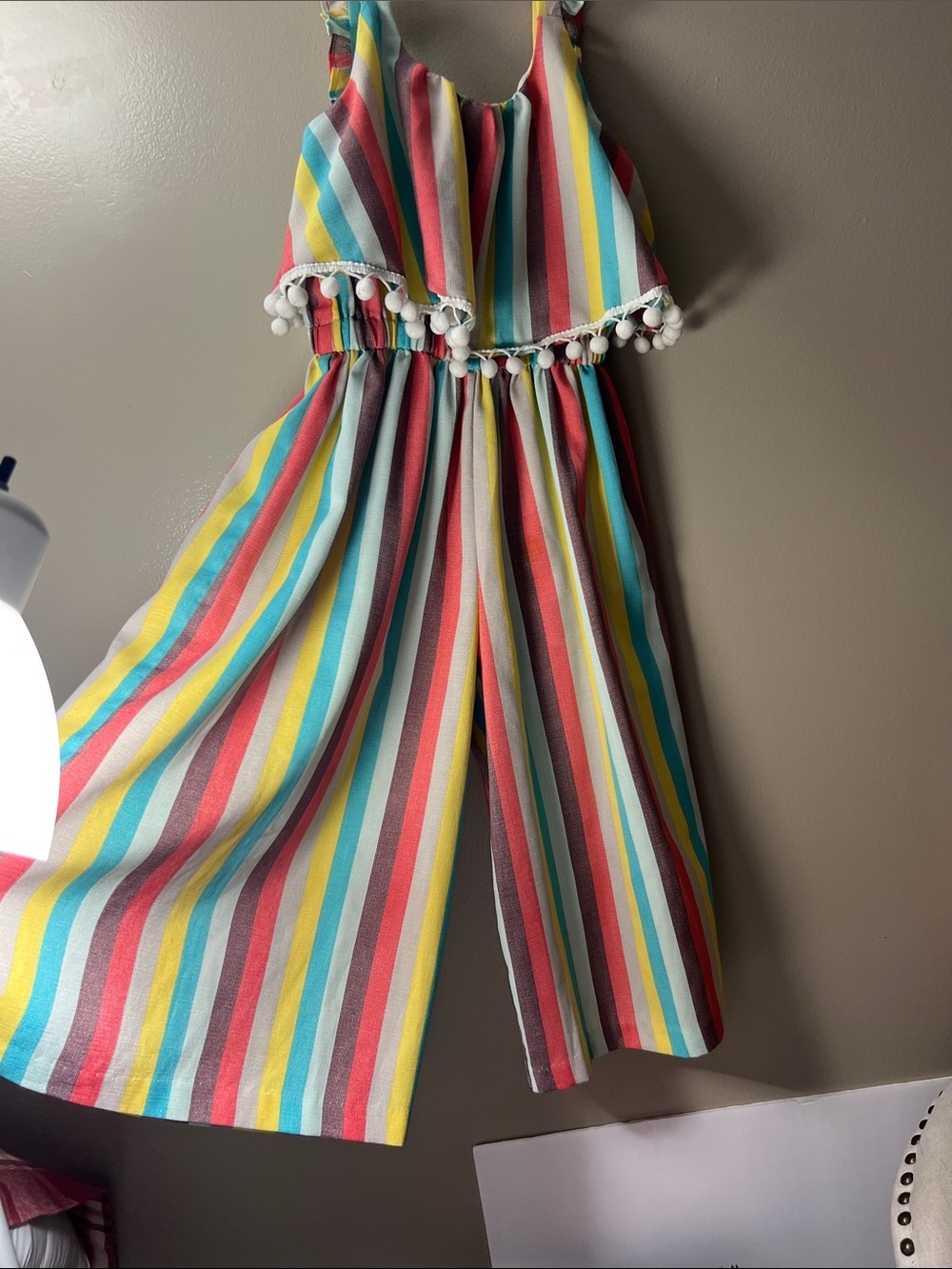 Bonnie Jean Multicolor Stripe Jumpsuit with White Pom Trim - Picture 2 of 4